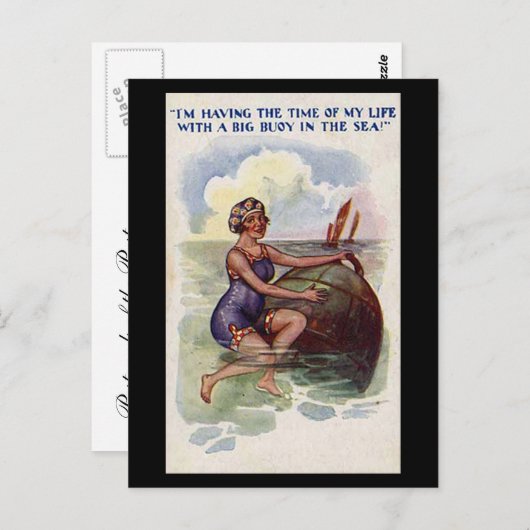 古いコミックポストカード - 大きな浮き輪で楽しむ ポストカード (正面/裏面)