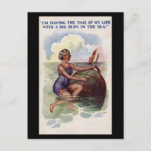 古いコミックポストカード - 大きな浮き輪で楽しむ ポストカード (正面)