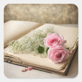 古いスクラップブックにピンクのバラ スクエアシール (正面)