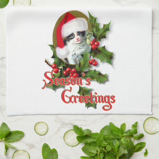 古いスタイルのクリスマスの子ネコの季節のご挨拶 キッチンタオル (折り畳み)