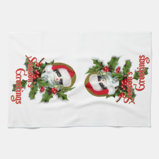 古いスタイルのクリスマスの子ネコの季節のご挨拶 キッチンタオル (横)