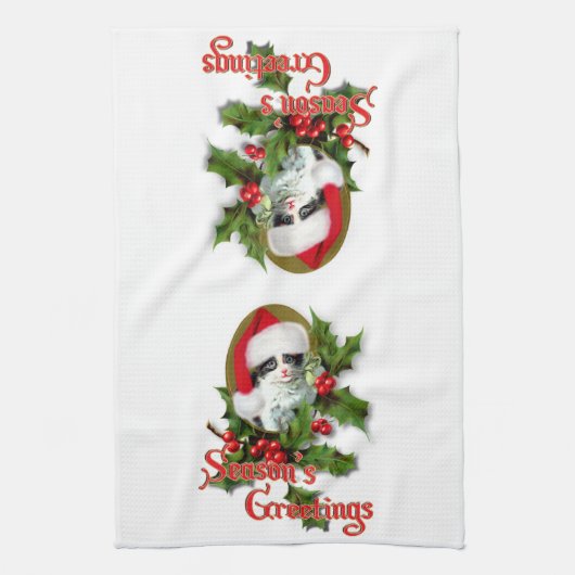 古いスタイルのクリスマスの子ネコの季節のご挨拶 キッチンタオル (縦)