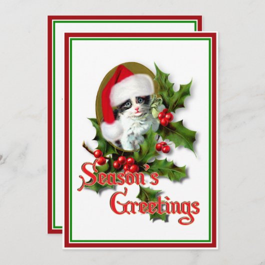 古いスタイルのクリスマスの子ネコの季節のご挨拶 シーズンカード (正面/裏面)