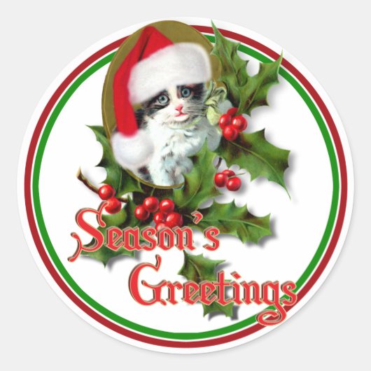 古いスタイルのクリスマスの子ネコの季節のご挨拶 ラウンドシール (正面)