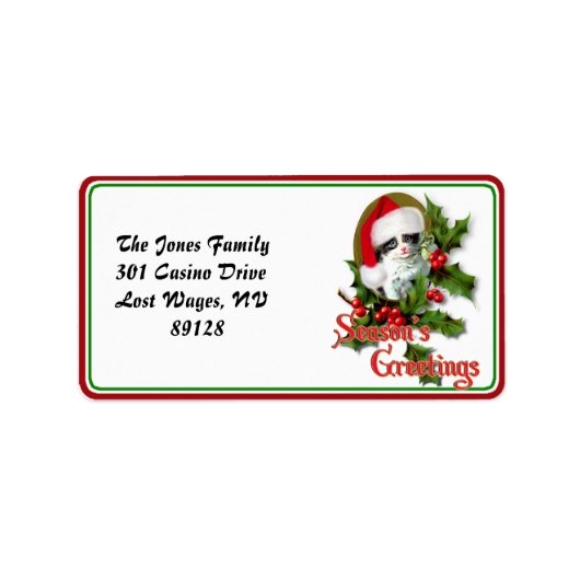 古いスタイルのクリスマスの子ネコの季節のご挨拶 ラベル (正面)