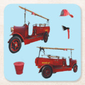 古いスタイル消防車と斧 スクエアペーパーコースター (正面)