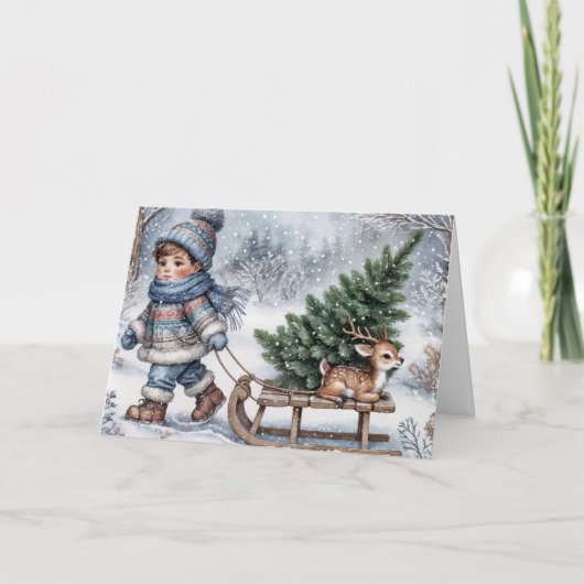 古いソリを引っ張るファッションド男の子 シーズンカード (正面)