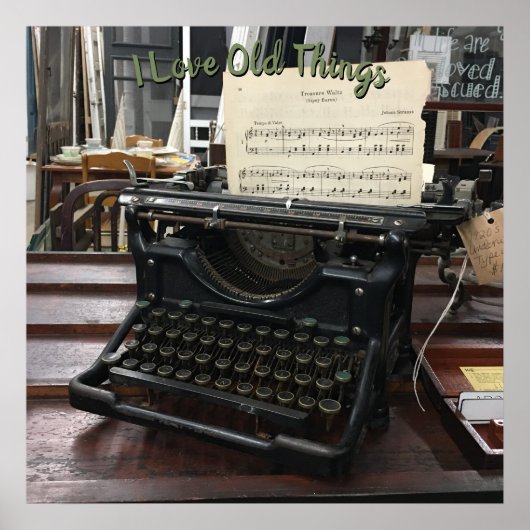 古いタイプライターと楽譜 ポスター (正面)