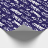 古いタイマネイビーブルーホワイトヴィンテージカーパターン ラッピングペーパー (角)