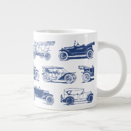 古いタイマーブルー白ヴィンテージカーパターン ジャンボコーヒーマグカップ