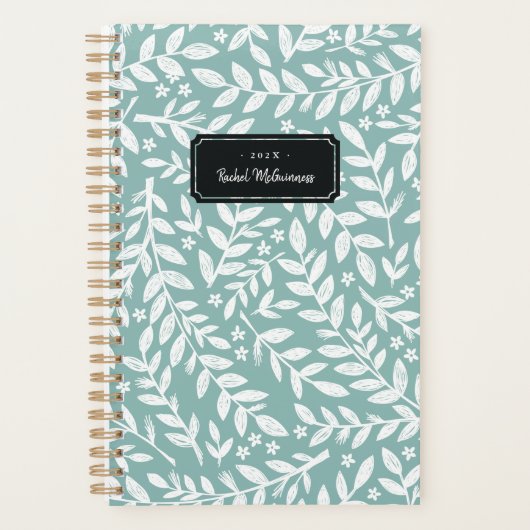 古いティール(緑がかった色)スケッチフローラの年と名前プランナー プランナー手帳 (正面)