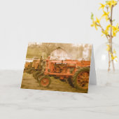 古いトラクターが並ぶ:グリーティングカード カード (黄色い花)