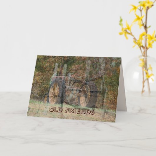 古いトラクター&古い友達カスタマイズ- カード (黄色い花)