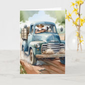 古いトラックのペットの損失の人と犬 カード (黄色い花)