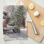 古いトラッククリスマスツリーのキッチンタオル キッチンタオル (四つ折り)