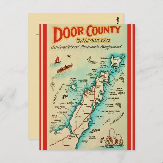 古いドア郡の釣り地図 ポストカード (正面/裏面)