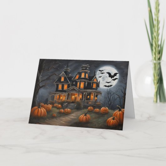 古いハロウィンの家とカボチャ シーズンカード (正面)