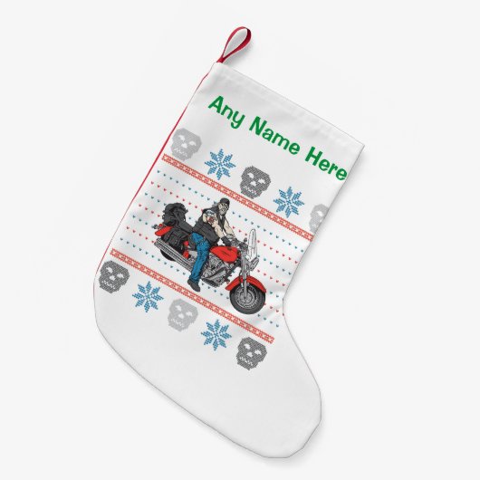 古いバイクもしくは自転車に乗る人のスカルのオートバイの醜いクリスマスのセーター スモールクリスマスストッキング (正面 (吊り時))