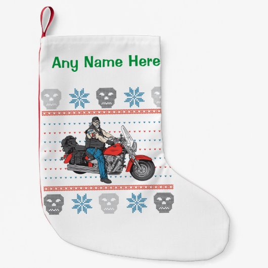 古いバイクもしくは自転車に乗る人のスカルのオートバイの醜いクリスマスのセーター スモールクリスマスストッキング (正面)