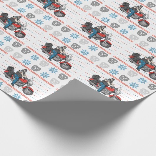 古いバイクもしくは自転車に乗る人のスカルのオートバイの醜いクリスマスのセーター ラッピングペーパー (角)