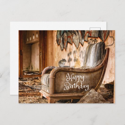 古いビンテージの椅子とチップモン君、お誕生日おめでとう ポストカード (正面/裏面)
