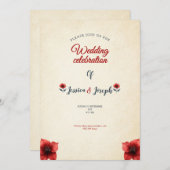 古いビンテージ結婚式のカード招待状レッドローズ 招待状 (正面/裏面)