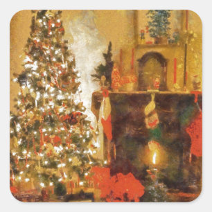 古いファッションのクリスマスツリーおよび暖炉 スクエアシール