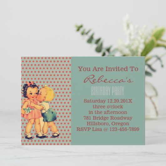 古いファッションのバレンタインのレトロの子供の誕生日のパーティー 招待状 (スタンド正面)