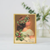 古いファッションのヒイラギの女の子のクリスマスの休日 シーズンポストカード (スタンド正面)