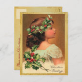古いファッションのヒイラギの女の子のクリスマスの休日 シーズンポストカード (正面/裏面)