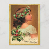 古いファッションのヒイラギの女の子のクリスマスの休日 シーズンポストカード (正面)