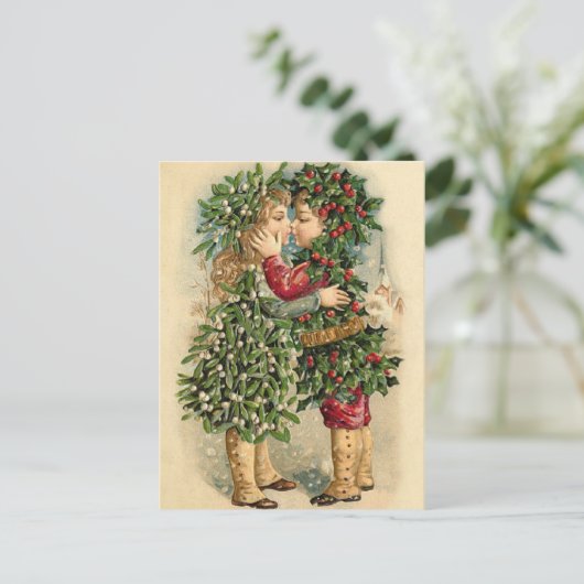 古いファッションのヒイラギはキスをするなクリスマスをからかいます シーズンポストカード (スタンド正面)