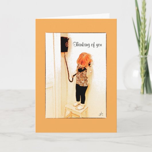 古いファッションの電話で話している小さな女の子 カード (正面)