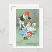古いファッションドクリスマスアイススケートで滑る シーズンポストカード (正面/裏面)