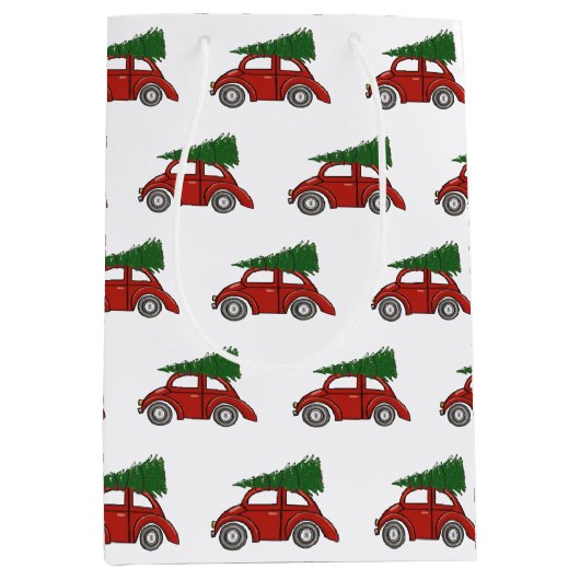 古いファッションドクリスマスツリー車の家族の伝統 ミディアムペーパーバッグ (正面)