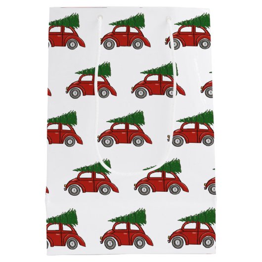 古いファッションドクリスマスツリー車の家族の伝統 ミディアムペーパーバッグ (裏面)