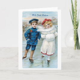 古いファッションドクリスマス、スケートで滑るリンク シーズンカード