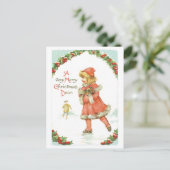 古いファッションドクリスマス、スケートで滑るリンク シーズンポストカード (スタンド正面)