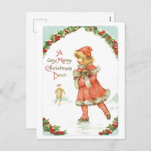 古いファッションドクリスマス、スケートで滑るリンク シーズンポストカード (正面/裏面)