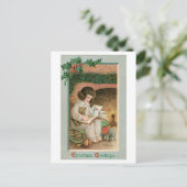 古いファッションドクリスマス、テディベアの女の子 シーズンポストカード (スタンド正面)