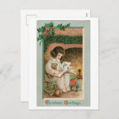 古いファッションドクリスマス、テディベアの女の子 シーズンポストカード (正面/裏面)
