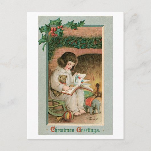 古いファッションドクリスマス、テディベアの女の子 シーズンポストカード (正面)