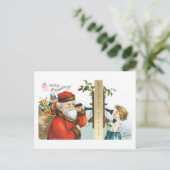 古いファッションドクリスマス、女の子はサンタを呼ぶ シーズンポストカード (スタンド正面)