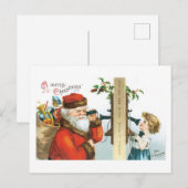 古いファッションドクリスマス、女の子はサンタを呼ぶ シーズンポストカード (正面/裏面)