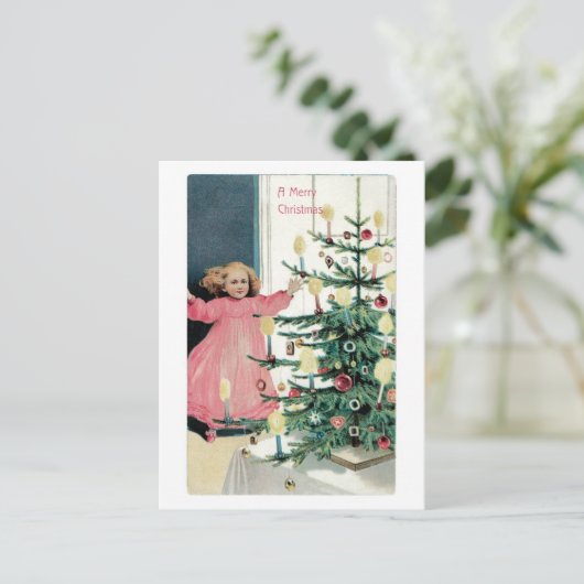 古いファッションドクリスマス、女の子、クリスマスツリー シーズンポストカード (スタンド正面)