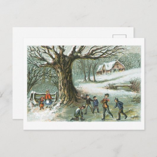 古いファッションドクリスマス、雪の風景 シーズンポストカード (正面/裏面)