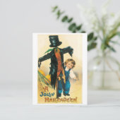 古いファッションドハロウィーン、かかしと子供 ポストカード (スタンド正面)