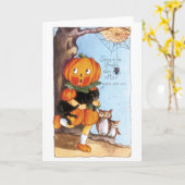 古いファッションドハロウィーン、カボチャの女の子、黒猫 カード (黄色い花)