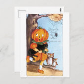 古いファッションドハロウィーン、カボチャの女の子、黒猫 ポストカード (正面/裏面)