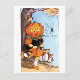 古いファッションドハロウィーン、カボチャの女の子、黒猫 ポストカード